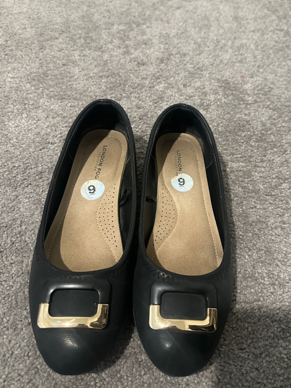 London Fog Black Flats with Gold Buckle Accent